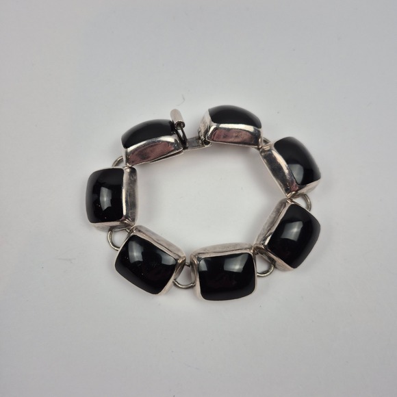 VTG Taxco Sterling Silver Black Onyx Bracelet TZ-17 925 68g Chunky Mexico 6.5"‎ - Picture 1 of 16